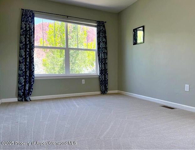 spare room with carpet floors, visible vents, and baseboards