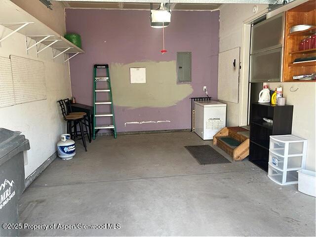 garage featuring a garage door opener and electric panel