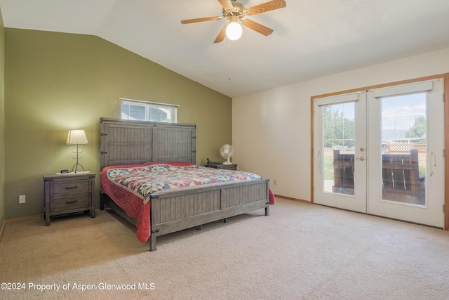 carpeted bedroom featuring french doors, access to outside, ceiling fan, and lofted ceiling