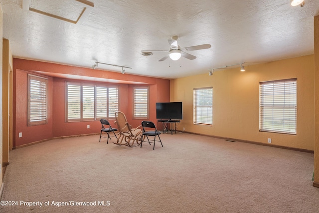 sitting room with a textured ceiling, ceiling fan, carpet, and track lighting