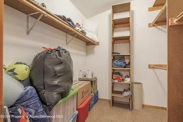 walk in closet featuring light carpet