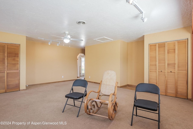 living area with light carpet, rail lighting, a textured ceiling, and ceiling fan