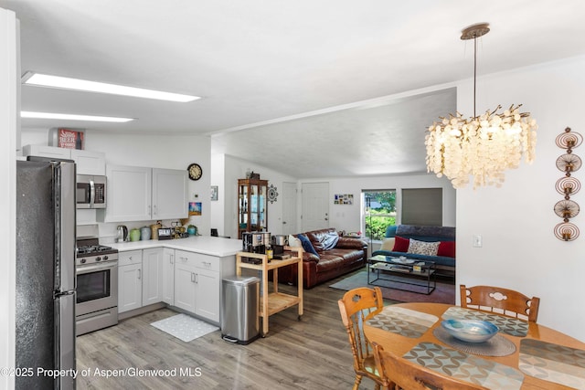 68 E Bonanza Pl, Parachute, CO 81635 - kitchen featuring stainless steel appliances, light wood-style floors, vaulted ceiling, light countertops, and open floor plan
