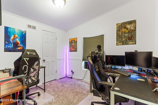68 E Bonanza Pl, Parachute, CO 81635 - carpeted home office featuring crown molding and lofted ceiling