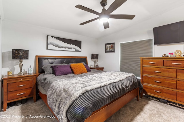 68 E Bonanza Pl, Parachute, CO 81635 - bedroom featuring carpet, vaulted ceiling, and ceiling fan