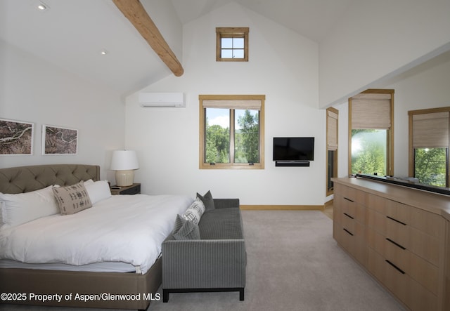 1207 Hooks Spur Rd, Basalt, CO 81621 - bedroom with a wall unit AC, high vaulted ceiling, light colored carpet, and beamed ceiling