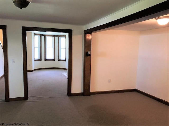 carpeted spare room featuring crown molding