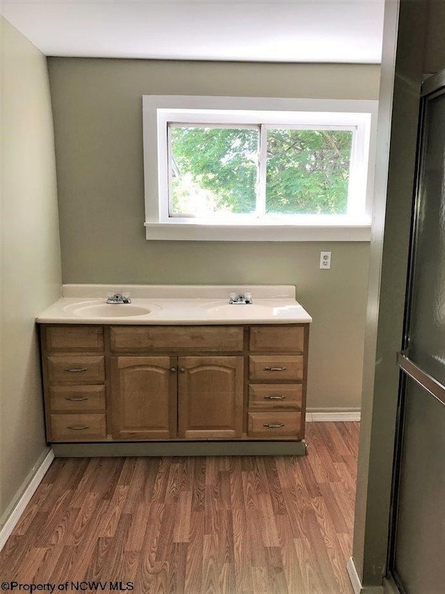 bathroom featuring hardwood / wood-style flooring, double vanity, and a healthy amount of sunlight