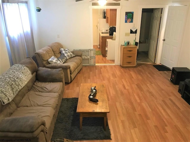living room featuring ceiling fan and light wood-type flooring