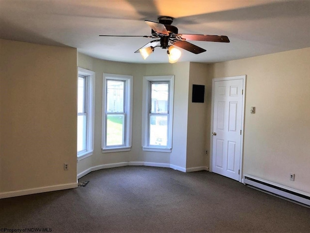 interior space with dark carpet, ceiling fan, and baseboard heating