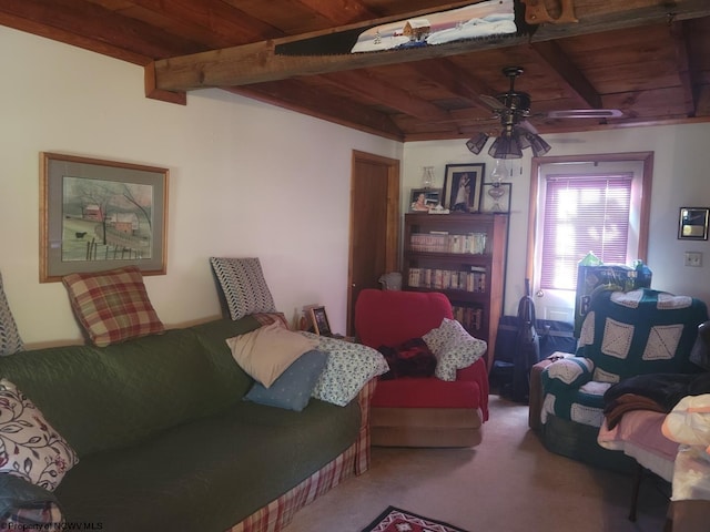 living room with beam ceiling, wooden ceiling, ceiling fan, and carpet