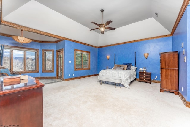 bedroom featuring ceiling fan, lofted ceiling, and light colored carpet