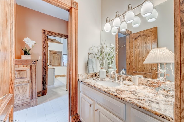 bathroom with tile flooring and oversized vanity