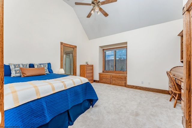 carpeted bedroom featuring high vaulted ceiling and ceiling fan