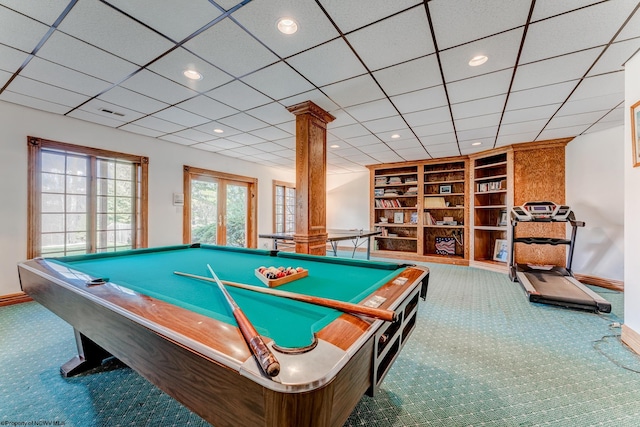 recreation room with billiards, carpet flooring, built in features, and ornate columns