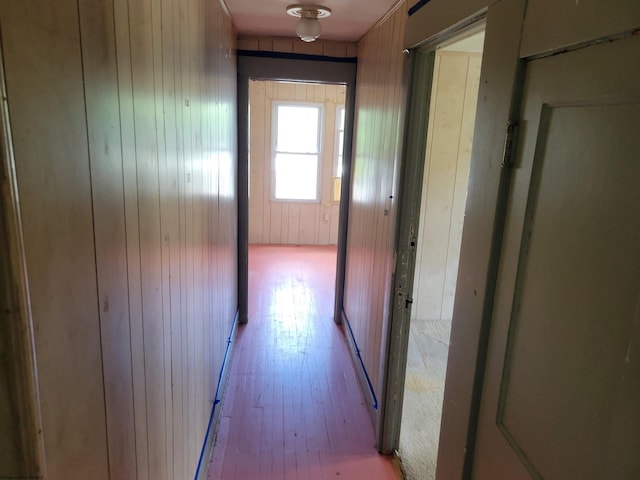 hallway with wood walls and light wood-type flooring