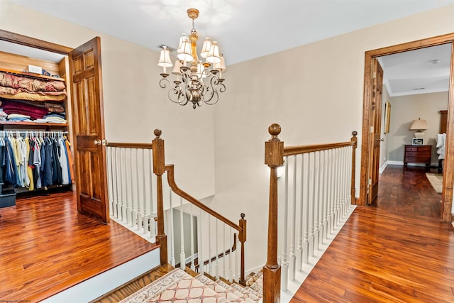 hall with a notable chandelier and dark hardwood / wood-style floors