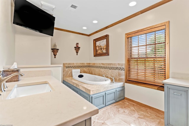 bathroom featuring a bath, vanity, ornamental molding, and tile floors