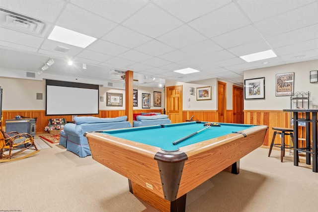 playroom featuring light carpet, rail lighting, billiards, and a drop ceiling