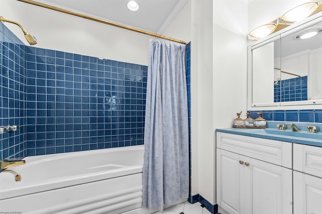 bathroom with tile flooring, vanity, and shower / bath combo