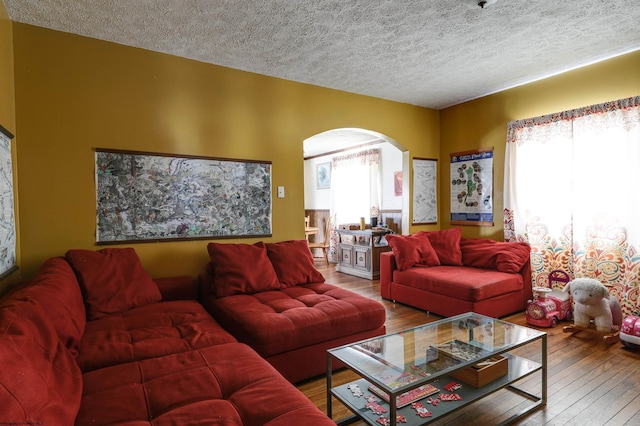 living room with hardwood / wood-style floors and a textured ceiling