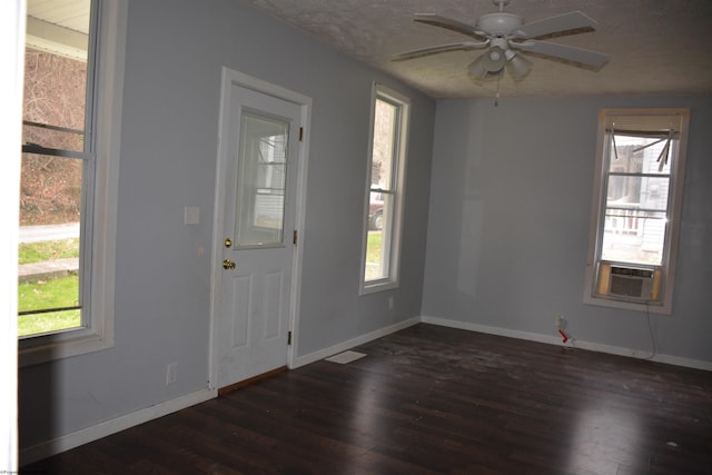 foyer with ceiling fan, dark hardwood / wood-style floors, and a healthy amount of sunlight