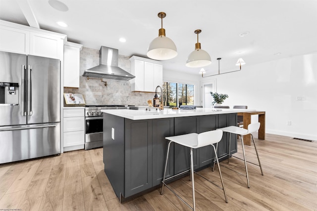 kitchen with appliances with stainless steel finishes, wall chimney exhaust hood, an island with sink, and white cabinets