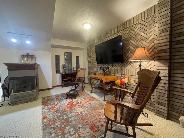 living room featuring light carpet, a textured ceiling, and rail lighting