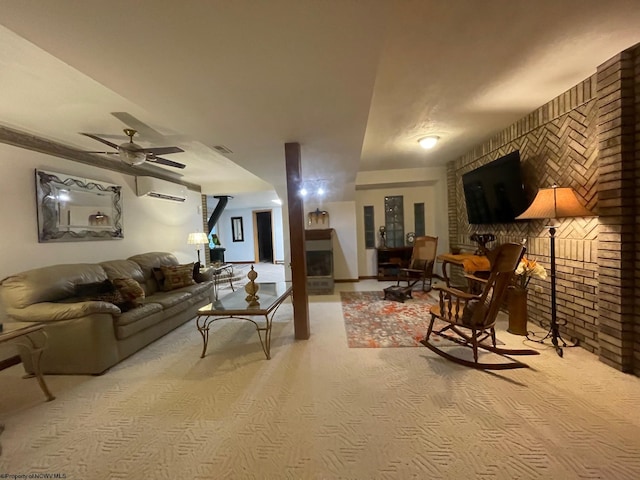 living room featuring ceiling fan, brick wall, light colored carpet, and an AC wall unit