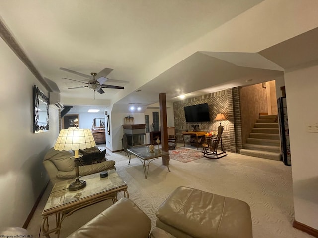 living room with light carpet and ceiling fan