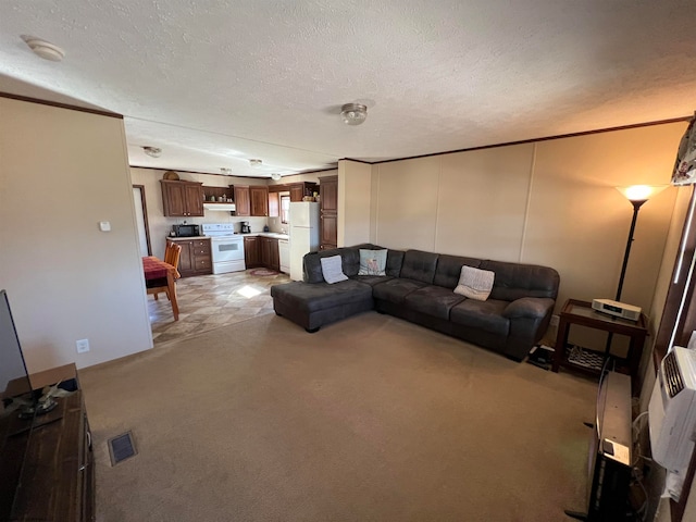 carpeted living room featuring a textured ceiling