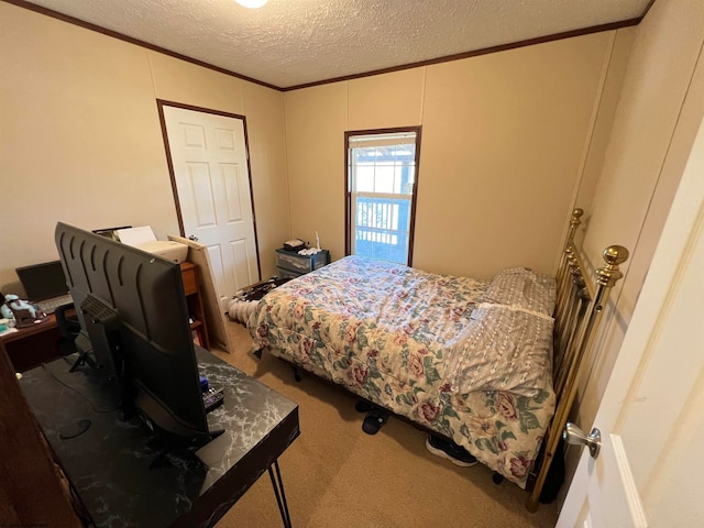 carpeted bedroom with a textured ceiling