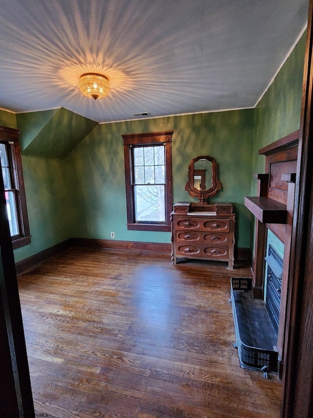 interior space with vaulted ceiling and dark hardwood / wood-style flooring