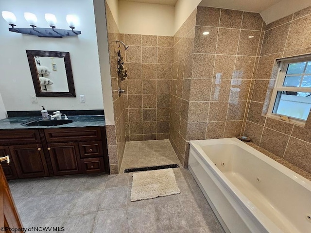 bathroom with oversized vanity and tile flooring