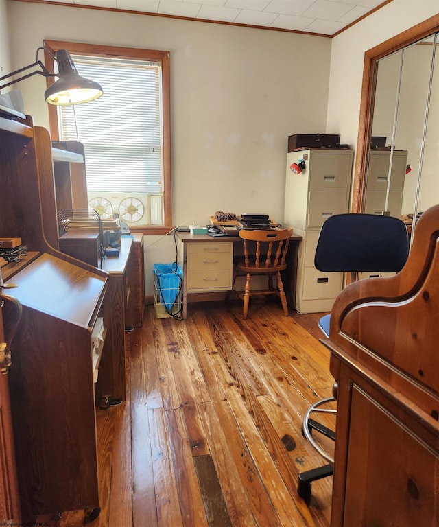 office with crown molding and light hardwood / wood-style floors