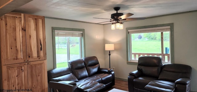 living room featuring hardwood / wood-style floors, plenty of natural light, and ceiling fan