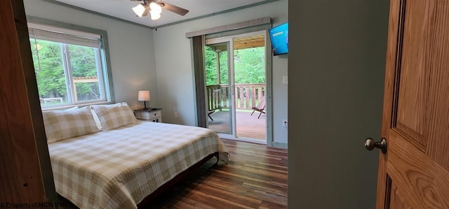 bedroom with ceiling fan, crown molding, access to exterior, and dark hardwood / wood-style flooring