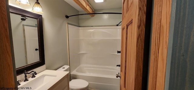 full bathroom featuring shower / bathing tub combination, toilet, and vanity