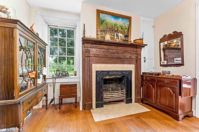 living room with a tiled fireplace and light hardwood / wood-style floors