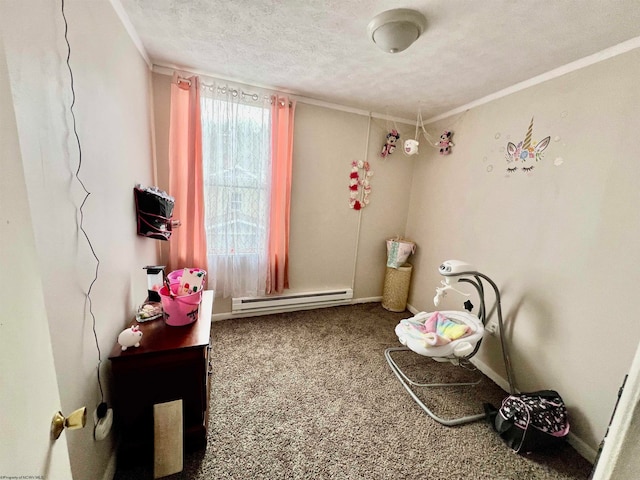 interior space with a textured ceiling, a baseboard heating unit, and dark carpet