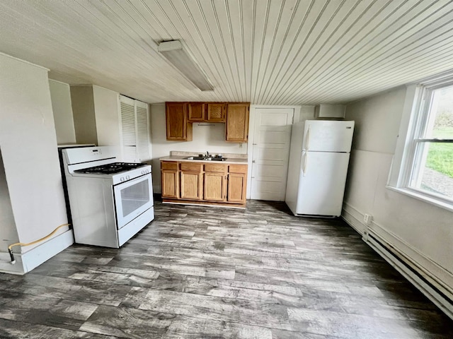 kitchen with dark hardwood / wood-style floors, white appliances, sink, wooden ceiling, and baseboard heating