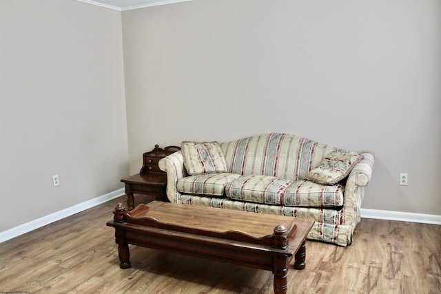 living room featuring crown molding and light hardwood / wood-style floors