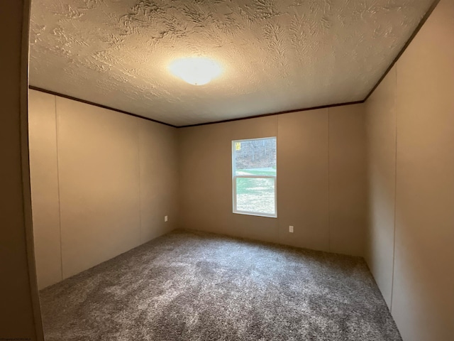 carpeted empty room featuring a textured ceiling