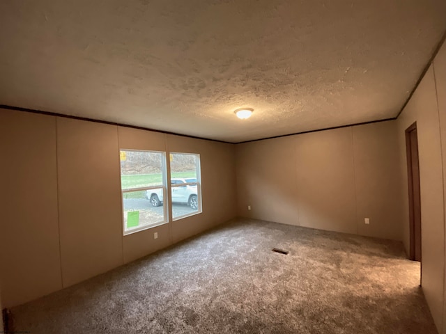 spare room with a textured ceiling and carpet floors