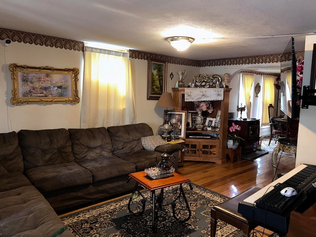 living room with a textured ceiling and wood-type flooring