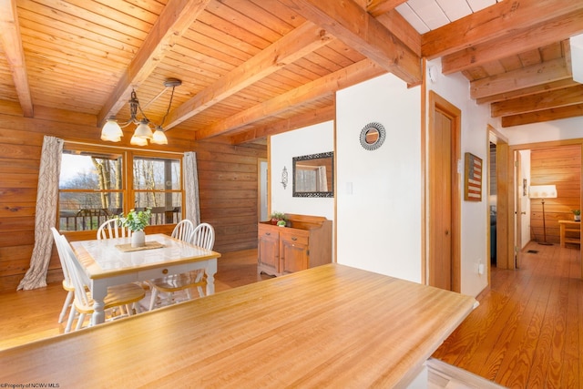 dining space featuring light hardwood / wood-style flooring, wood walls, beam ceiling, a chandelier, and wood ceiling