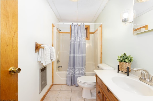 full bathroom with tile flooring, shower / tub combo, toilet, vanity with extensive cabinet space, and ornamental molding