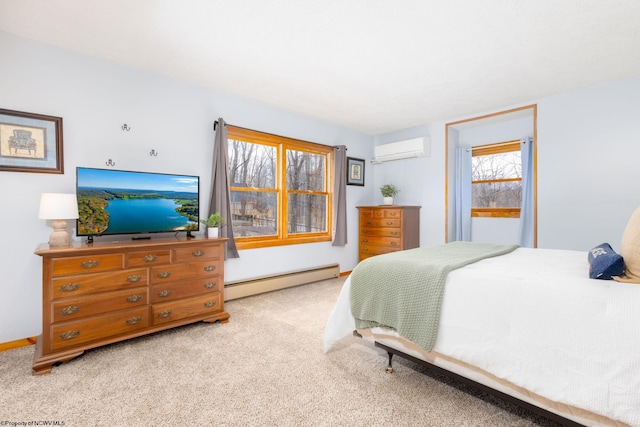 carpeted bedroom featuring a baseboard radiator and a wall unit AC