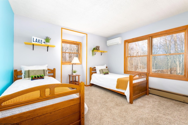 bedroom featuring multiple windows, an AC wall unit, and light colored carpet