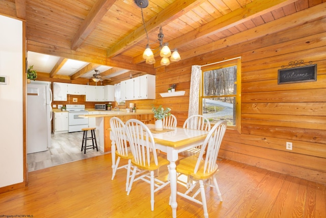 dining area featuring beam ceiling, wood ceiling, ceiling fan with notable chandelier, and light wood-type flooring